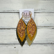 INDIA -  Leather Earrings  ||   <BR> PUMPKIN SPICE GLITTER (FAUX LEATHER), <BR> MUSTARD BRAID, <BR> METALLIC GOLD SMOOTH