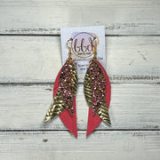 ANDY -  Leather Earrings  ||  <BR> PINK & GOLD GLITTER (FAUX LEATHER, <BR> METALLIC GOLD BRAID, <BR> MATTE CORAL/PINK