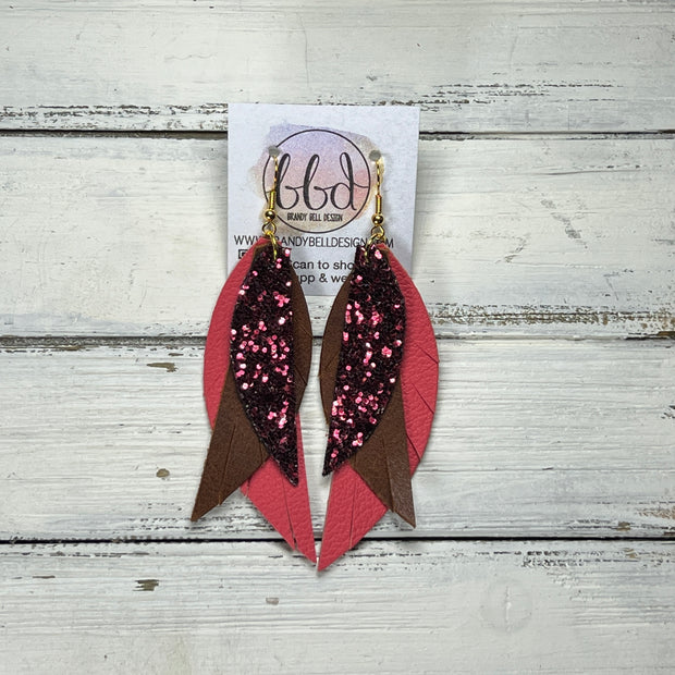 ANDY -  Leather Earrings  ||  <BR> BURGUNDY GLITTER (FAUX LEATHER), <BR> DISTRESSED BROWN, <BR> MATTE CORAL/PINK