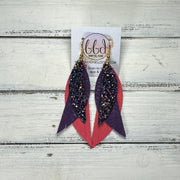 ANDY -  Leather Earrings  ||  <BR> CITY LIGHTS GLITTER (FAUX LEATHER), <BR> DARK PURPLE BRAID, <BR> MATTE CORAL/PINK