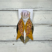 ANDY -  Leather Earrings  ||   <BR> PUMPKIN SPICE GLITTER (FAUX LEATHER), <BR> MUSTARD BRAID, <BR> METALLIC GOLD SMOOTH