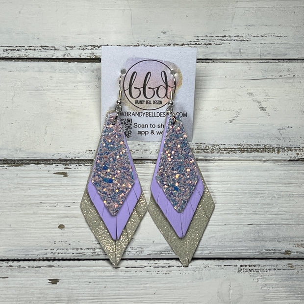 COLLEEN -  Leather Earrings  ||  <BR> WILLOW GLITTER (FAUX LEATHER), <BR> MATTE LILAC SMOOTH, <BR> SHIMMER ROSE GOLD