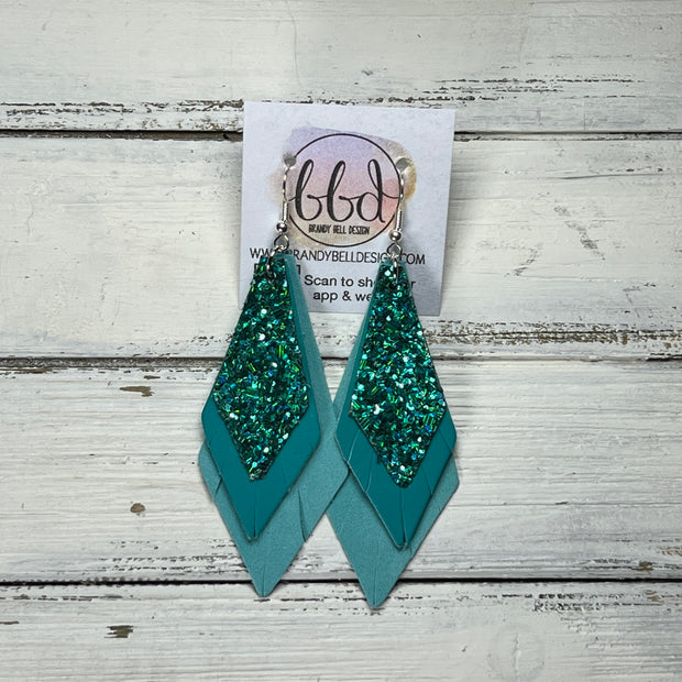 COLLEEN -  Leather Earrings  ||   <BR> JADE GLITTER (FAUX LEATHER), <BR> MATTE TEAL SMOOTH, <BR> AQUA RIVIERA