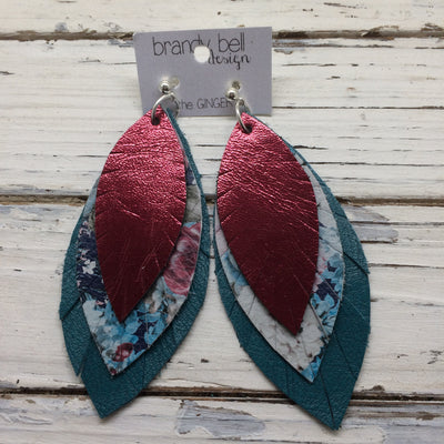 GINGER - Leather Earrings  || METALLIC CRANBERRY, VINTAGE FLORAL, MATTE DARK TEAL