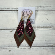 COLLEEN -  Leather Earrings  ||  <BR> BURGUNDY GLITTER (FAUX LEATHER), <BR> OLIVE GREEN BRAID, <BR> DISTRESSED BROWN