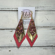 COLLEEN -  Leather Earrings  ||  <BR> PINK & GOLD GLITTER (FAUX LEATHER, <BR> METALLIC GOLD BRAID, <BR> MATTE CORAL/PINK