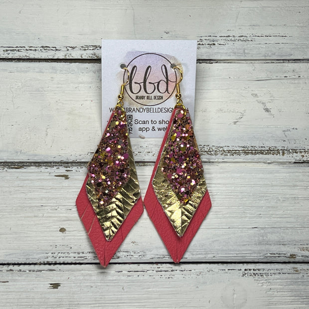 COLLEEN -  Leather Earrings  ||  <BR> PINK & GOLD GLITTER (FAUX LEATHER, <BR> METALLIC GOLD BRAID, <BR> MATTE CORAL/PINK