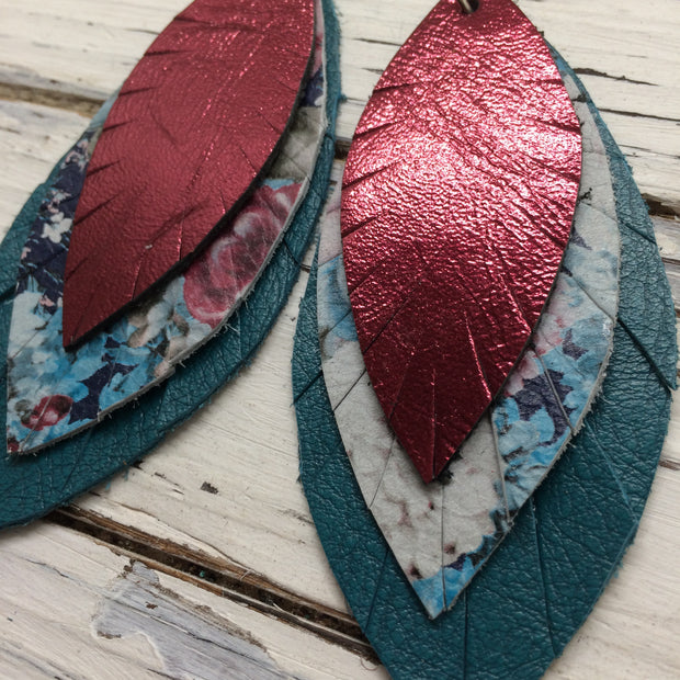 GINGER - Leather Earrings  || METALLIC CRANBERRY, VINTAGE FLORAL, MATTE DARK TEAL