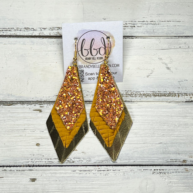 COLLEEN -  Leather Earrings  ||   <BR> PUMPKIN SPICE GLITTER (FAUX LEATHER), <BR> MUSTARD BRAID, <BR> METALLIC GOLD SMOOTH