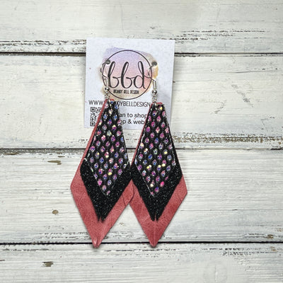COLLEEN -  Leather Earrings  ||   <BR> IRIDESCENT NETTING GLITTER (FAUX LEATHER), <BR> SHIMMER BLACK, <BR> DISTRESSED SALMON