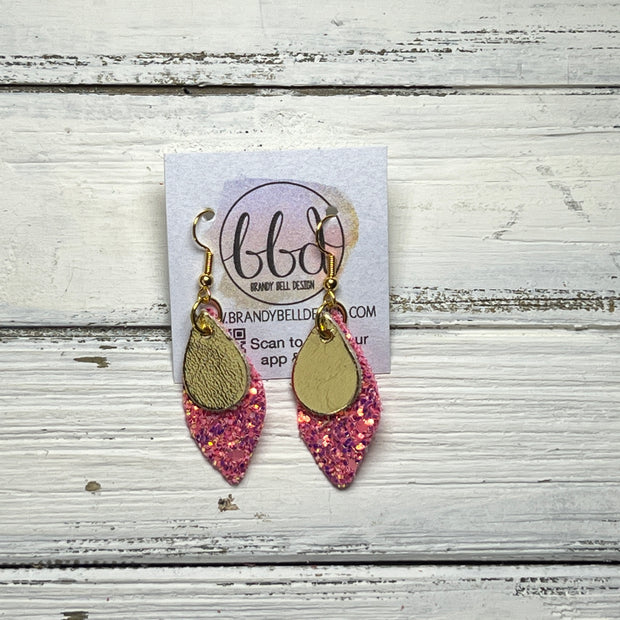 JEAN -  Leather Earrings  ||   <BR> METALLIC GOLD SMOOTH, <BR> RASPBERRY GLITTER (FAUX LEATHER)