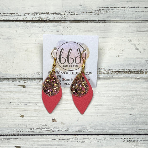 JEAN -  Leather Earrings  ||  <BR> PINK & GOLD GLITTER (FAUX LEATHER, <BR> MATTE CORAL/PINK