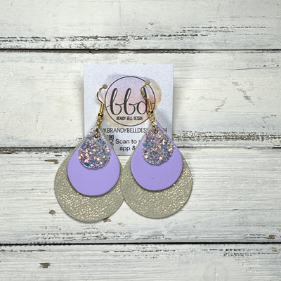 LINDSEY -  Leather Earrings  ||  <BR> WILLOW GLITTER (FAUX LEATHER), <BR> MATTE LILAC SMOOTH, <BR> SHIMMER ROSE GOLD