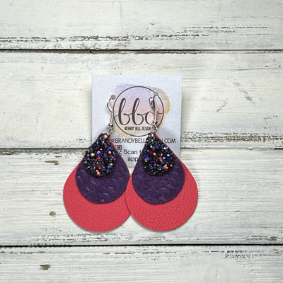 LINDSEY -  Leather Earrings  ||  <BR> CITY LIGHTS GLITTER (FAUX LEATHER), <BR> DARK PURPLE BRAID, <BR> MATTE CORAL/PINK