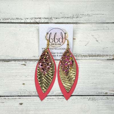 DOROTHY -  Leather Earrings  ||  <BR> PINK & GOLD GLITTER (FAUX LEATHER, <BR> METALLIC GOLD BRAID, <BR> MATTE CORAL/PINK
