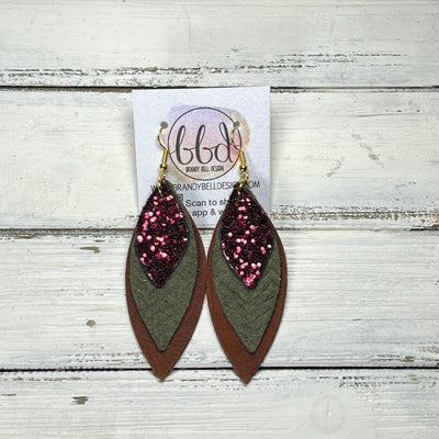 DOROTHY -  Leather Earrings  ||  <BR> BURGUNDY GLITTER (FAUX LEATHER), <BR> OLIVE GREEN BRAID, <BR> DISTRESSED BROWN