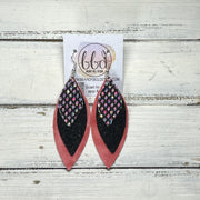 DOROTHY -  Leather Earrings  ||   <BR> IRIDESCENT NETTING GLITTER (FAUX LEATHER), <BR> SHIMMER BLACK, <BR> DISTRESSED SALMON