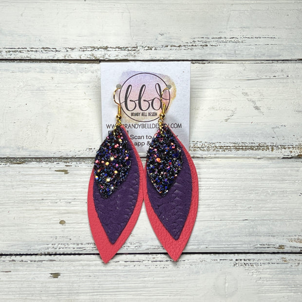DOROTHY -  Leather Earrings  ||  <BR> CITY LIGHTS GLITTER (FAUX LEATHER), <BR> DARK PURPLE BRAID, <BR> MATTE CORAL/PINK