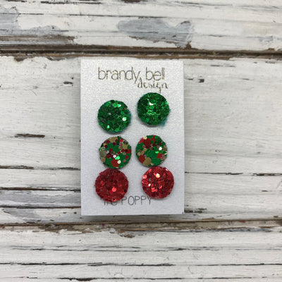 Poppy- 3 PACK (Choose your colors) - Glitter Stud Earrings SHOWN: CC: CHUNKY GREEN, AA: CHRISTMAS, BB: CHUNKY RED