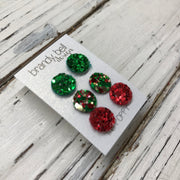 Poppy- 3 PACK (Choose your colors) - Glitter Stud Earrings SHOWN: CC: CHUNKY GREEN, AA: CHRISTMAS, BB: CHUNKY RED