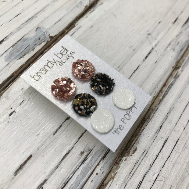 Poppy- 3 PACK (Choose your colors) - Glitter Stud Earrings SHOWN: Z: ROSE GOLD, Y: NEW YEAR, A: WHITE