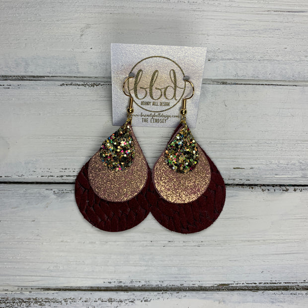 LINDSEY - Leather Earrings  || CHUNK GOLD JEWELS GLITTER (FAUX LEATHER), SHIMMER VINTAGE PINK, MERLOT BRAIDED