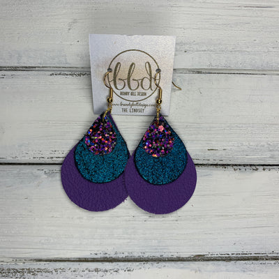 LINDSEY - Leather Earrings  || THAT'S MY JAM GLITTER (FAUX LEATHER), SHIMMER TEAL, MATTE PURPLE