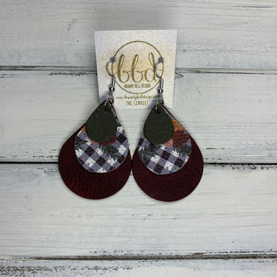 LINDSEY - Leather Earrings  || MATTE OLIVE, GINGHAM FLORAL (FAUX LEATHER), DISTRESSED MERLOT