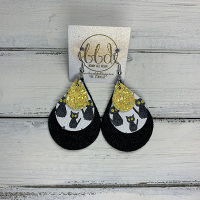LINDSEY - Leather Earrings  || DAFFODIL GLITTER (FAUX LEATHER), BLACK CATS, SHIMMER BLACK
