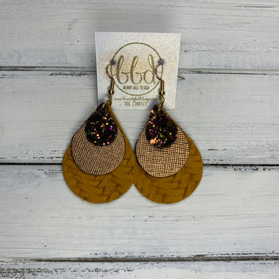 LINDSEY - Leather Earrings  || AUTUMN HARVEST GLITTER (FAUX LEATHER), METALLIC BRONZE SAFFIANO, MUSTARD BRAIDED