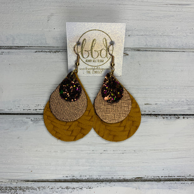 LINDSEY - Leather Earrings  || AUTUMN HARVEST GLITTER (FAUX LEATHER), METALLIC BRONZE SAFFIANO, MUSTARD BRAIDED