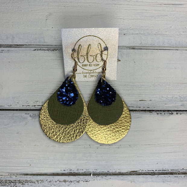 LINDSEY - Leather Earrings  || NAVY GLITTER (FAUX LEATHER), OLIVE SAFFIANO, METALLIC GOLD PEBBLED