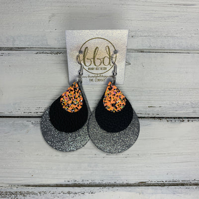 LINDSEY - Leather Earrings  || ORANGE HALLOWEEN GLITTER (FAUX LEATHER), MATTE BLACK, SHIMMER GRAY