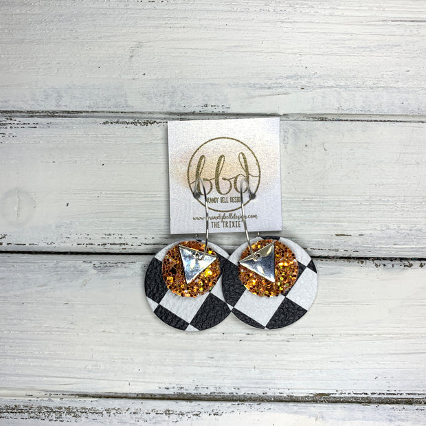 TRIXIE - Leather Earrings  ||    <BR> SILVER TRIANGLE, <BR> ORANGE GLITTER (FAUX LEATHER), BLACK & WHITE CHECKERED PRINT