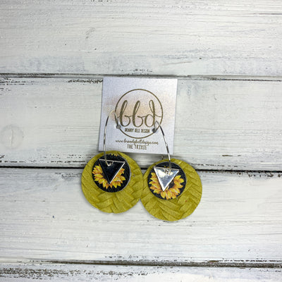 TRIXIE - Leather Earrings  ||    <BR> SILVER TRIANGLE, <BR> SUNFLOWER PRINT, YELLOW BRAIDED