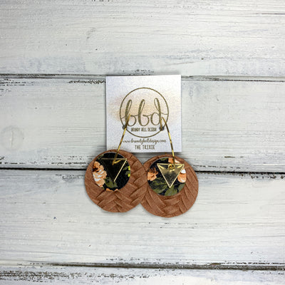 TRIXIE - Leather Earrings  ||    <BR> GOLD TRIANGLE, <BR> PEACH FLORAL (FAUX LEATHER), SALMON BRAIDED