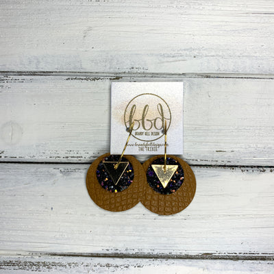 TRIXIE - Leather Earrings  ||    <BR> GOLD TRIANGLE, <BR> CITY LIGHTS GLITTER (FAUX LEATHER), MATTE MUSTARD COBRA