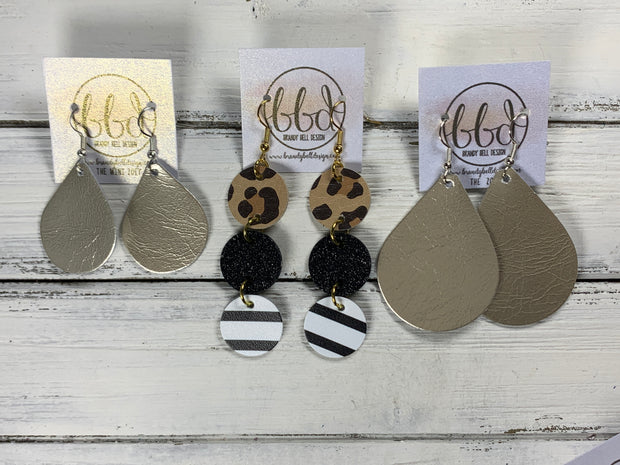 DAISY -  Leather Earrings  ||  METALLIC GOLD SMOOTH, <BR> BLACK WITH GOLD POLKADOTS, <BR> GOLD GLITTER (ON CORK)