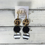 DAISY -  Leather Earrings  ||  CARAMEL CHEETAH, <BR> BLACK GLITTER (ON CORK), <BR> BLACK & WHITE STRIPE