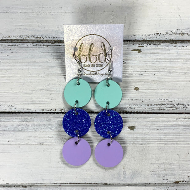 DAISY -  Leather Earrings  ||   MATTE AQUA MINT SMOOTH, <BR> ROYAL BLUE GLITTER (ON CORK), <BR> MATTE LILAC SMOOTH