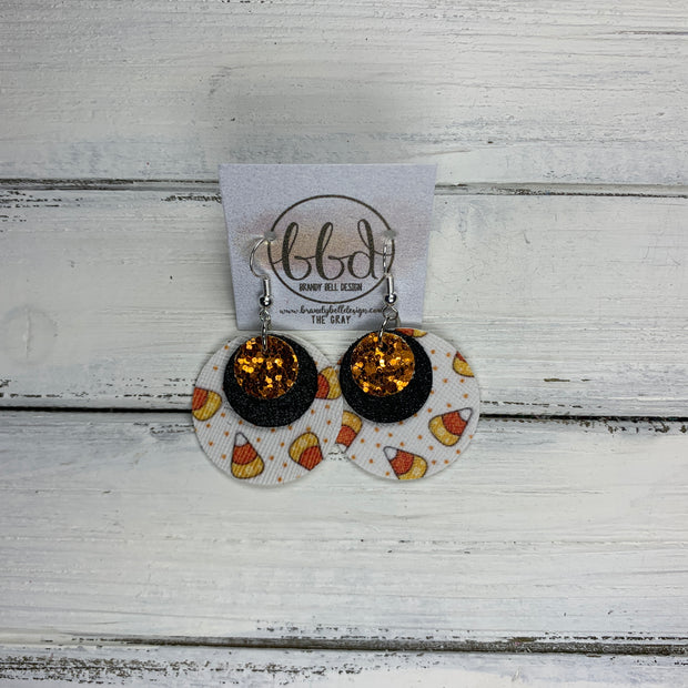 GRAY - Leather Earrings  ||    <BR> ORANGE GLITTER (FAUX LEATHER), <BR> SHIMMER BLACK,  <BR> CANDY CORNS ON WHITE (FAUX LEATHER)