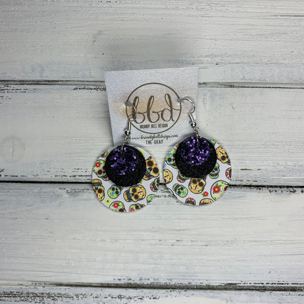 GRAY - Leather Earrings  ||    <BR> PURPLE MIST GLITTER (FAUX LEATHER), <BR> SHIMMER BLACK,  <BR> SUGAR SKULLS ON WHITE (FAUX LEATHER)