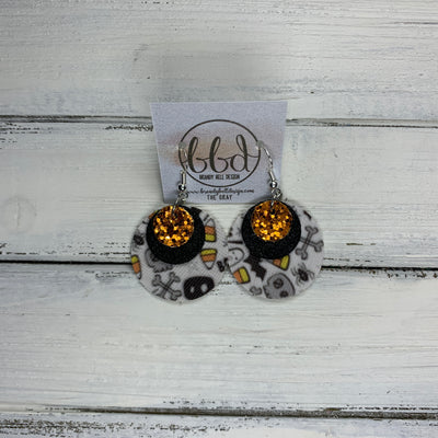 GRAY - Leather Earrings  ||    <BR> ORANGE GLITTER (FAUX LEATHER), <BR> SHIMMER BLACK,  <BR> HALLOWEEN PRINT (FAUX LEATHER)