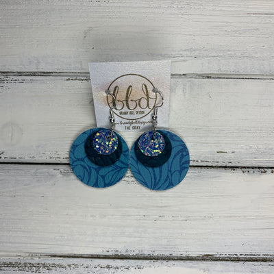 GRAY - Leather Earrings  ||    <BR> OCEAN GLITTER (FAUX LEATHER), <BR> TEAL BRAIDED,  <BR> TEAL ART NOUVEAU PRINT (FAUX LEATHER)