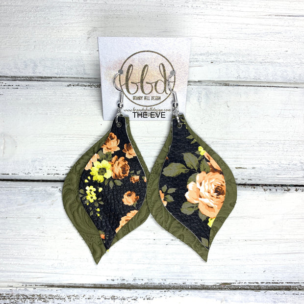 EVE - Leather Earrings  || <BR> PEACH FLORAL ON BLACK (FAUX LEATHER), <BR> OLIVE WESTERN FLORAL