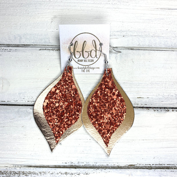 EVE - Leather Earrings  || <BR> RUST GLITTER (FAUX LEATHER), <BR> METALLIC ROSE GOLD SMOOTH