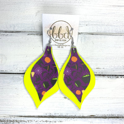 EVE - Leather Earrings  || <BR> PURPLE HALLOWEEN PRINT (FAUX LEATHER), <BR> MATTE NEON YELLOW
