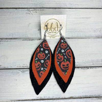 INDIA - Leather Earrings   ||  <BR>   JACK O' LANTERNS, <BR>  MATTE ORANGE, <BR> BLACK BRAIDED