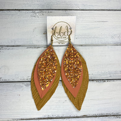 INDIA - Leather Earrings   ||  <BR>   PUMPKIN SPICE GLITTER (FAUX LEATHER), <BR>  PEACH (FAUX LEATHER), <BR> MUSTARD YELLOW PALM