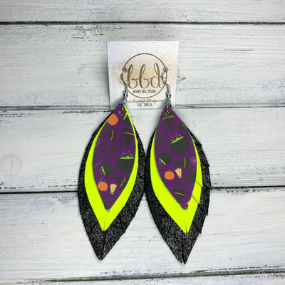 INDIA - Leather Earrings   ||  <BR>   HALLOWEEN PRINT ON PURPLE(FAUX LEATHER),  <BR> MATTE NEON YELLOW,  <BR> SHIMMER DISTRESSED BLACK